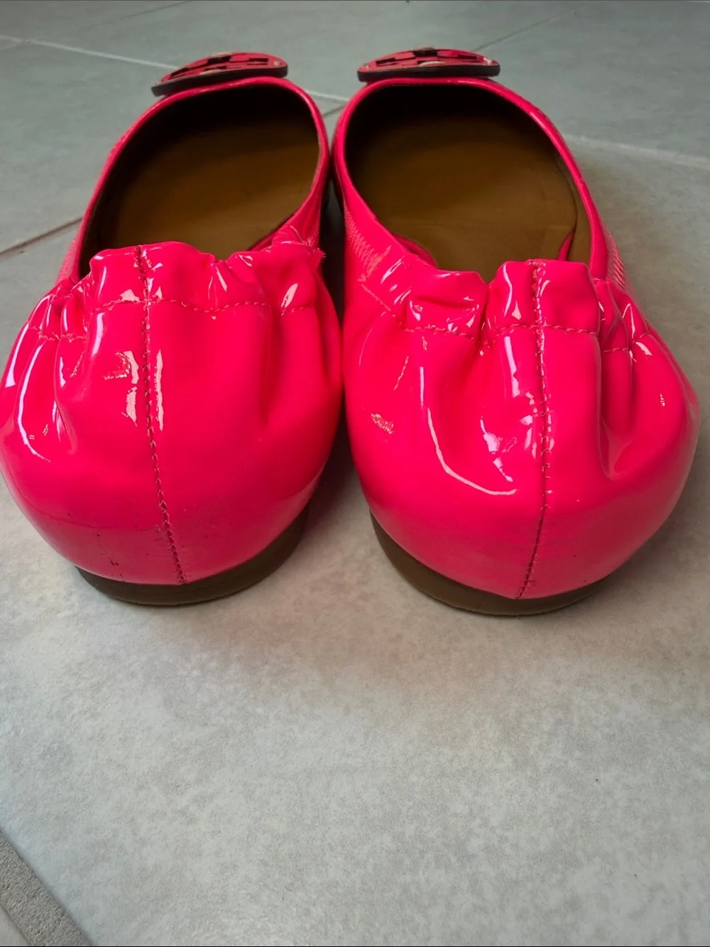 Tory Burch Neon Pink Patent Logo Ballet Flats